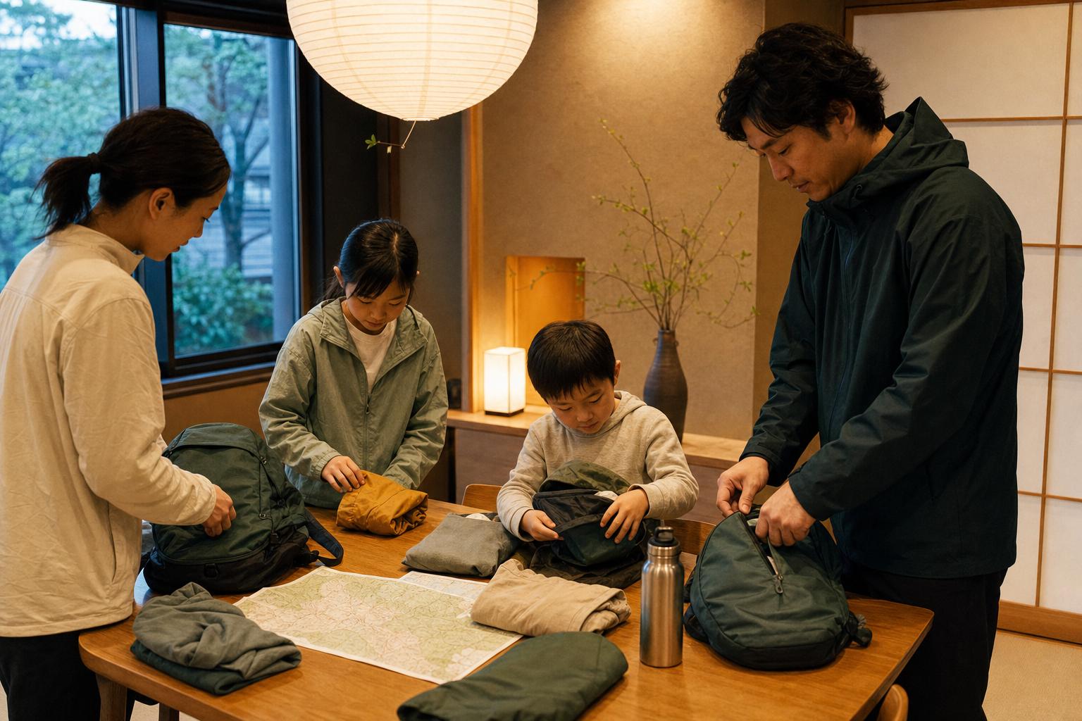 A family preparing small walking bags and outdoor clothing