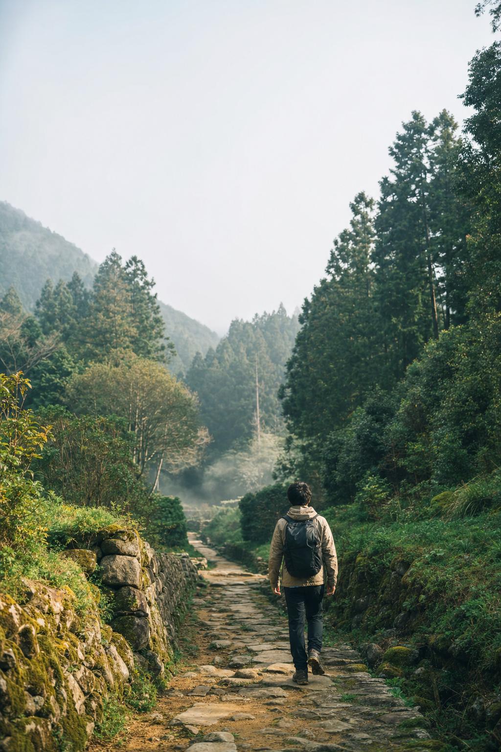 An independent traveler walking along a stone forest trail