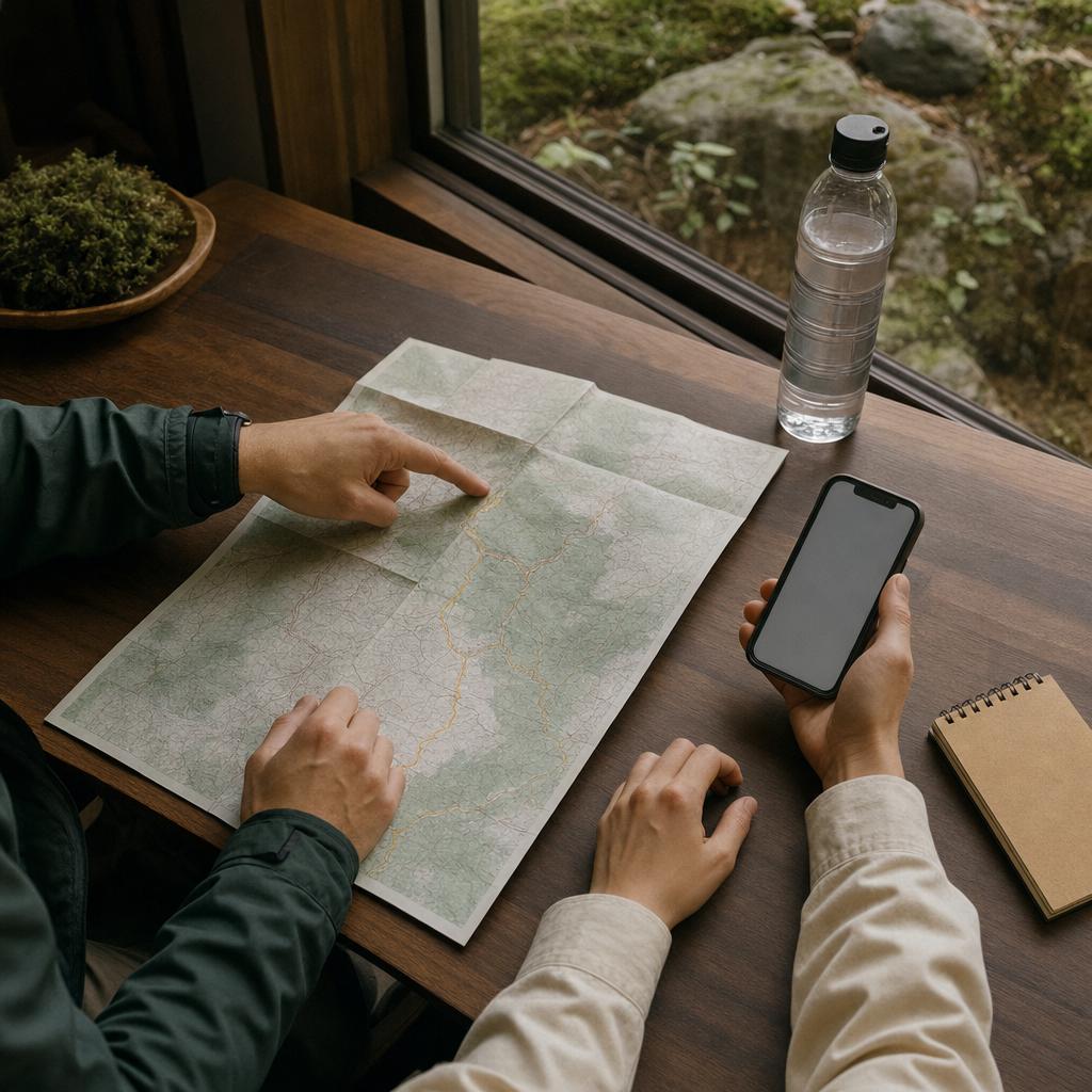 Travelers checking a route map and smartphone before departure