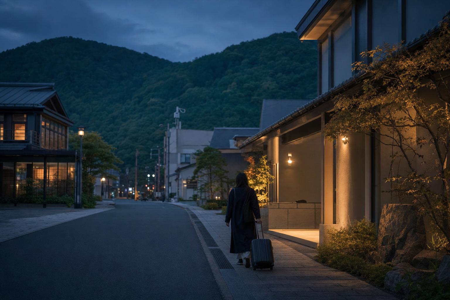 A traveler arriving in a quiet mountain town in the evening